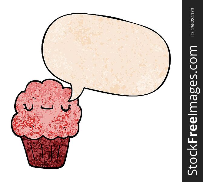 cartoon muffin with speech bubble in retro texture style