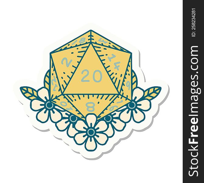 sticker of a natural 20 D20 dice roll with floral elements. sticker of a natural 20 D20 dice roll with floral elements