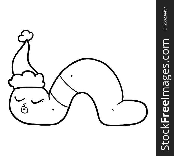 hand drawn line drawing of a worm wearing santa hat