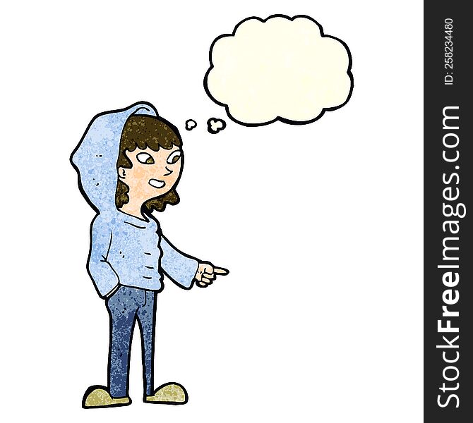 cartoon pointing teenager with thought bubble