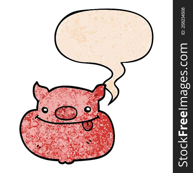 cartoon happy pig face with speech bubble in retro texture style