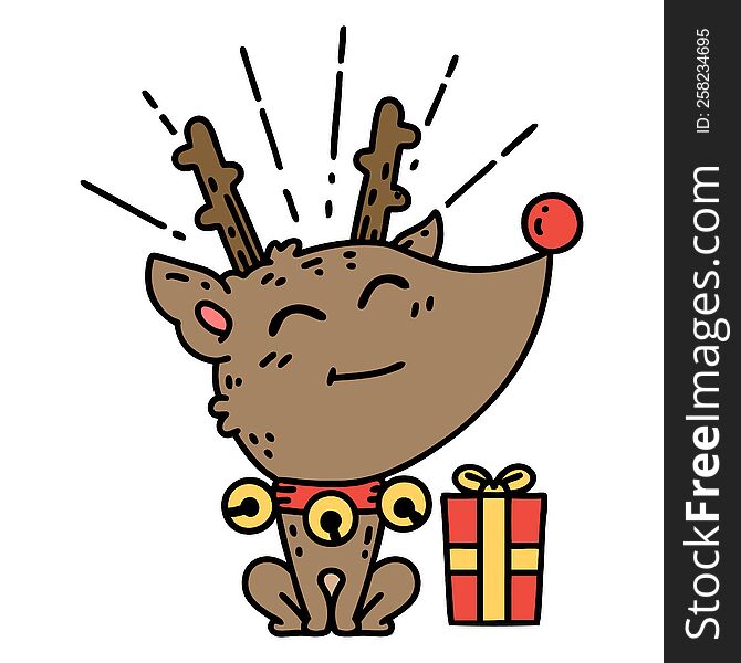 illustration of a traditional tattoo style christmas reindeer with present