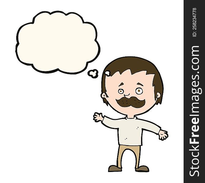 Cartoon Man With Mustache Waving With Thought Bubble