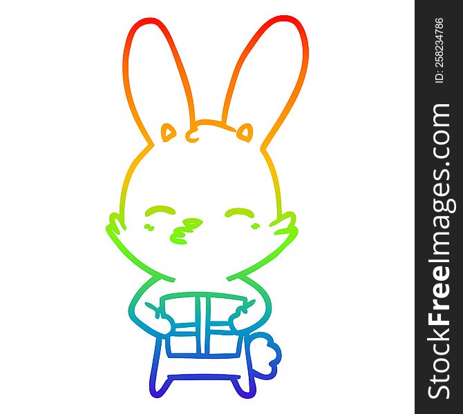 Rainbow Gradient Line Drawing Curious Bunny Cartoon With Present