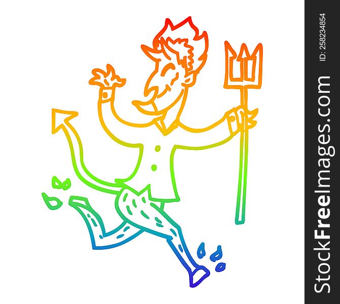 Rainbow Gradient Line Drawing Cartoon Devil With Pitchfork