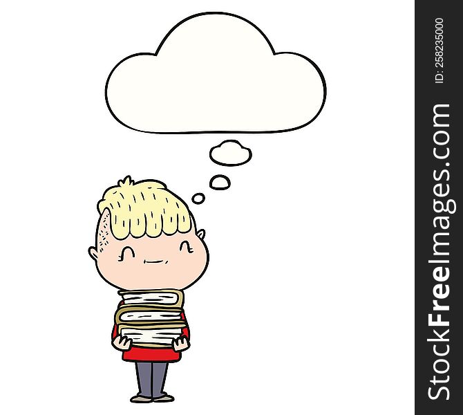cartoon friendly boy with books with thought bubble