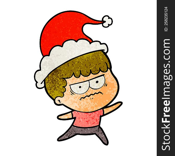 hand drawn textured cartoon of a annoyed man wearing santa hat