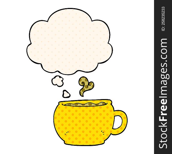 cartoon coffee cup with thought bubble in comic book style