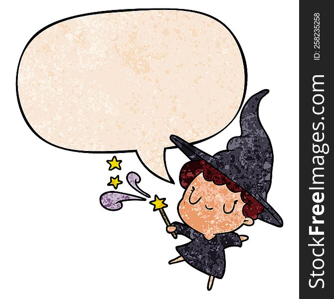 Cute Cartoon Witch Casting Spell And Speech Bubble In Retro Texture Style