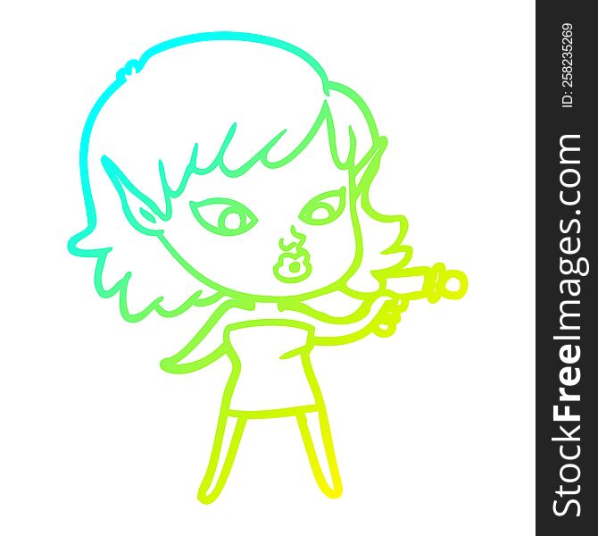 Cold Gradient Line Drawing Pretty Cartoon Girl With Ray Gun