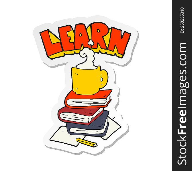 sticker of a cartoon books and coffee cup under Learn symbol