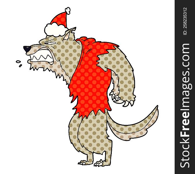 angry werewolf hand drawn comic book style illustration of a wearing santa hat