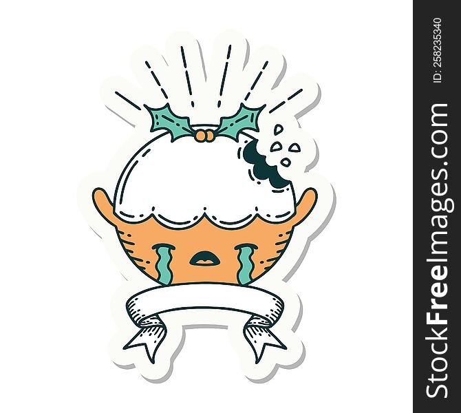 sticker of a tattoo style christmas pudding character crying