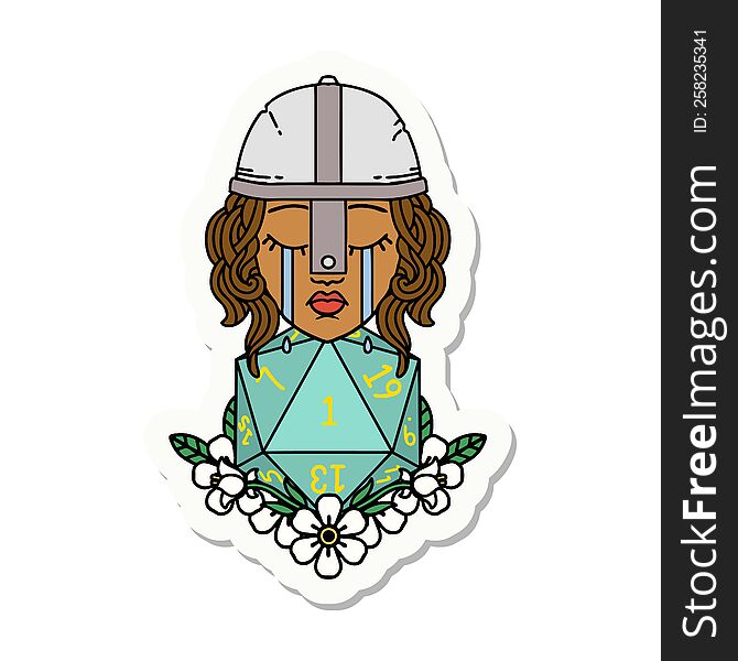 sticker of a crying human fighter with natural one D20 roll. sticker of a crying human fighter with natural one D20 roll