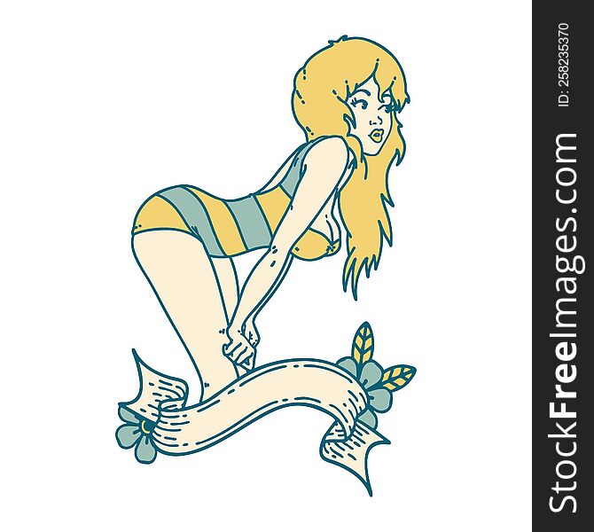 iconic tattoo style image of a pinup girl in swimming costume with banner. iconic tattoo style image of a pinup girl in swimming costume with banner