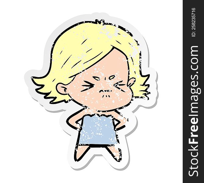 Distressed Sticker Of A Cartoon Angry Girl