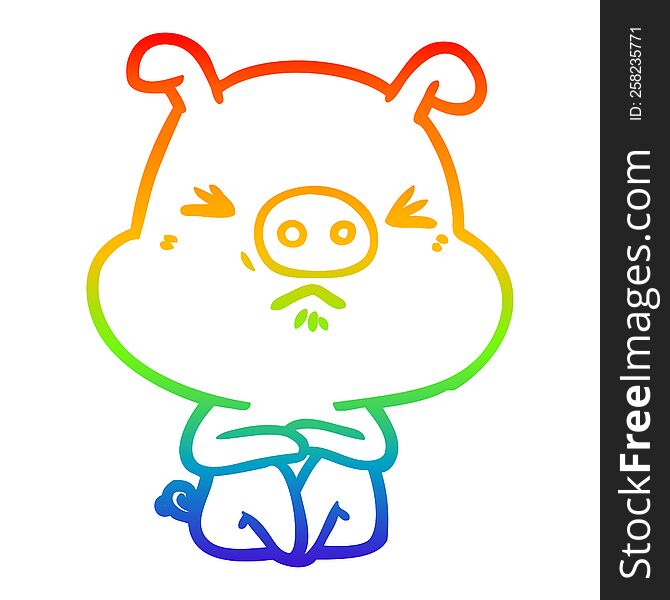 Rainbow Gradient Line Drawing Cartoon Angry Pig Sat Waiting