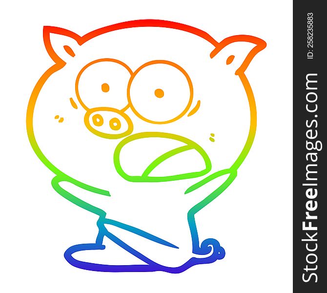 Rainbow Gradient Line Drawing Shocked Cartoon Pig Sitting Down