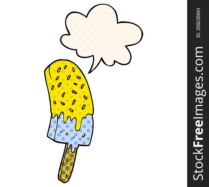 cartoon ice cream lolly with speech bubble in comic book style