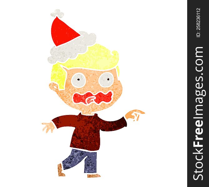 Retro Cartoon Of A Stressed Out Pointing Wearing Santa Hat