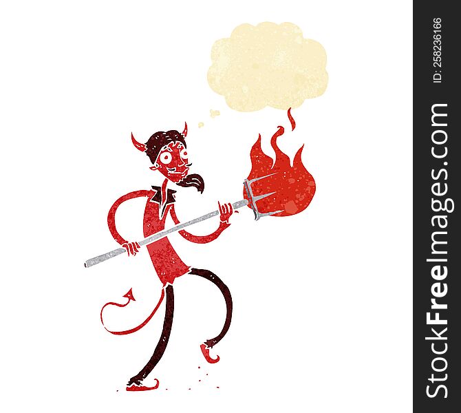 cartoon devil with pitchfork with thought bubble