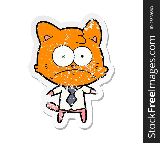 distressed sticker of a cartoon nervous business cat