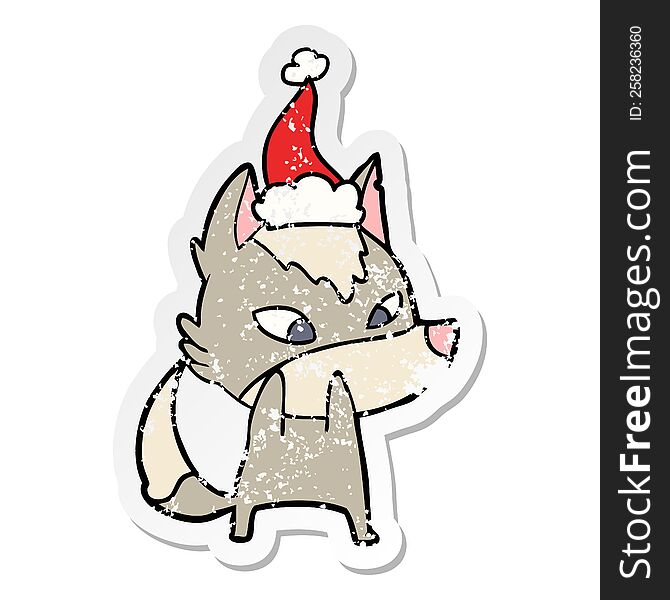 Shy Distressed Sticker Cartoon Of A Wolf Wearing Santa Hat