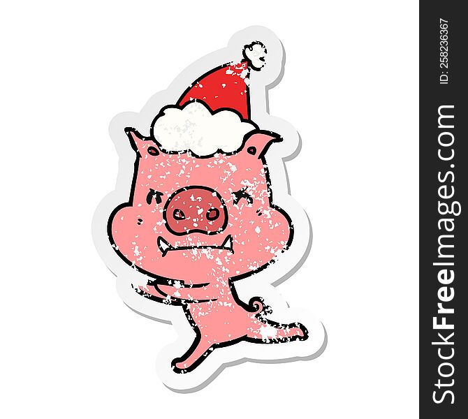 Angry Distressed Sticker Cartoon Of A Pig Wearing Santa Hat