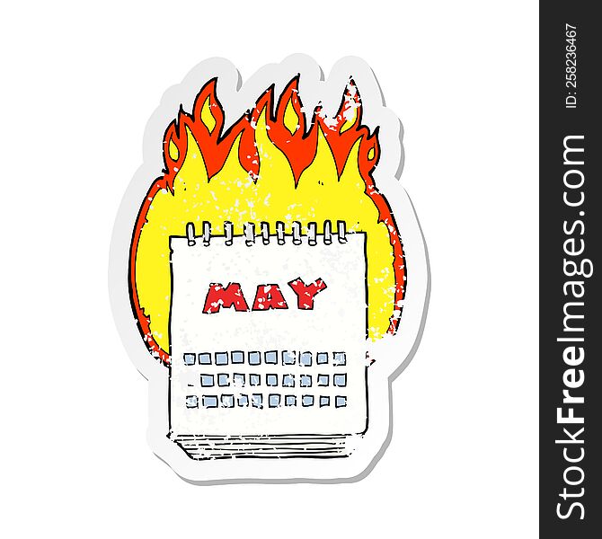 retro distressed sticker of a cartoon calendar showing month of may