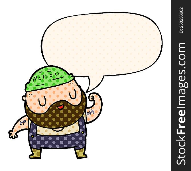 cartoon tough fisherman and speech bubble in comic book style