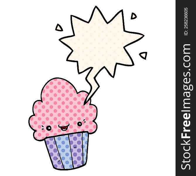 Cartoon Cupcake And Face And Speech Bubble In Comic Book Style