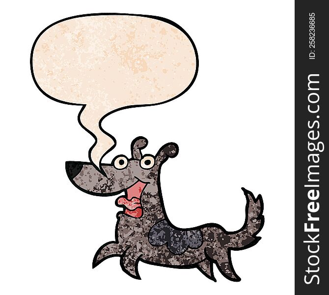happy dog cartoon with speech bubble in retro texture style