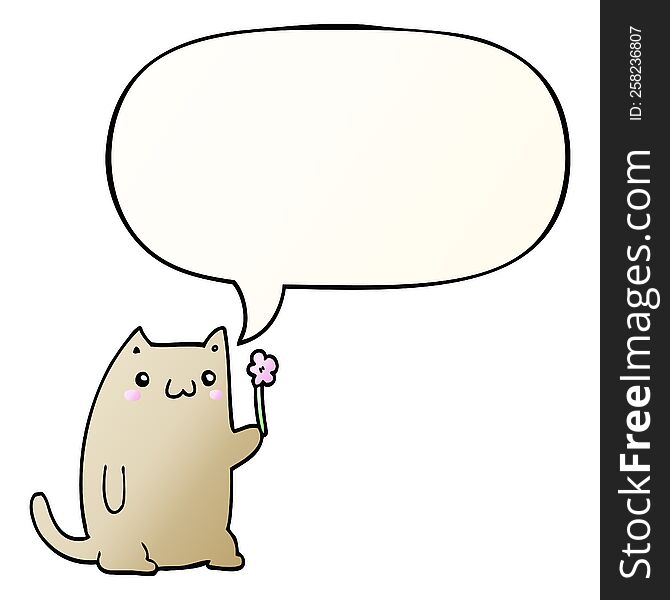 cute cartoon cat and flower and speech bubble in smooth gradient style