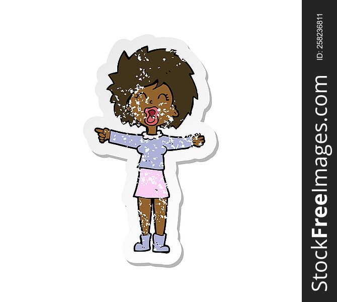 retro distressed sticker of a cartoon stressed out woman talking