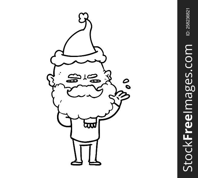 hand drawn line drawing of a dismissive man with beard frowning wearing santa hat