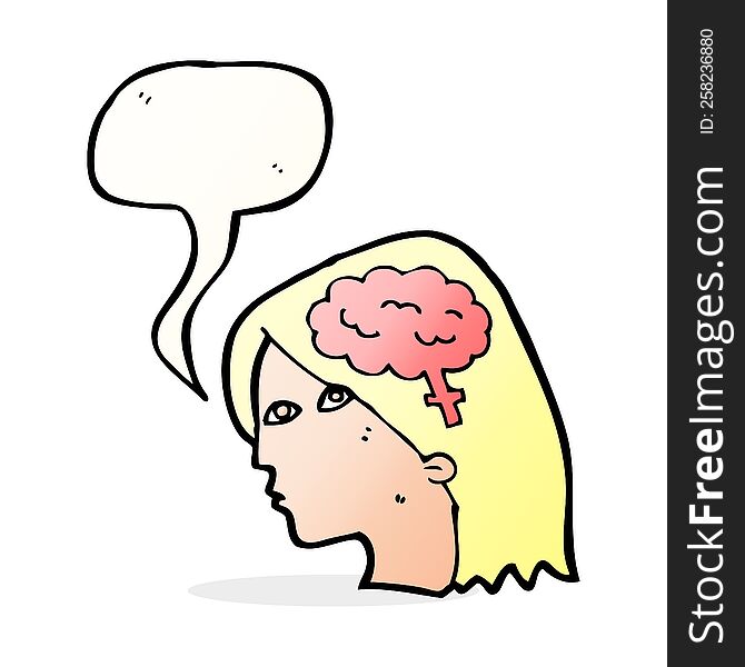 cartoon female head with brain symbol with speech bubble