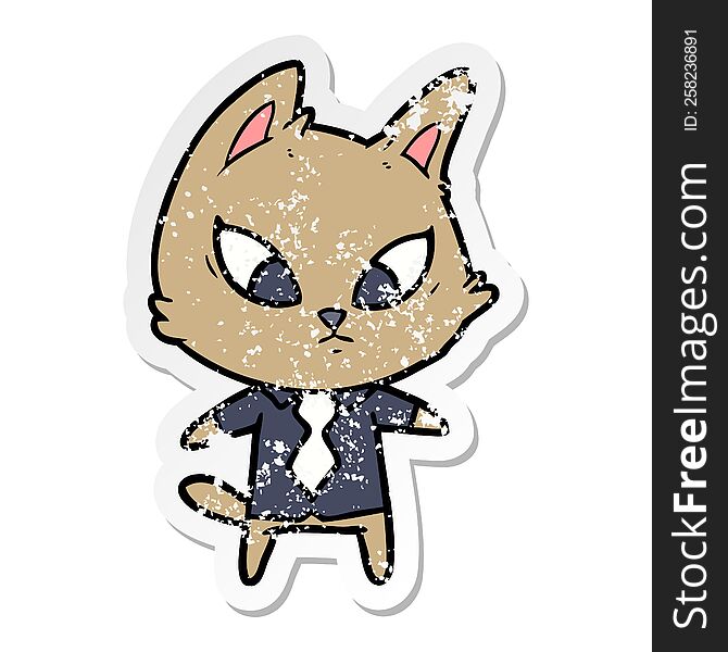 distressed sticker of a confused cartoon business cat