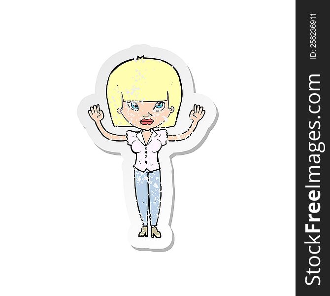 retro distressed sticker of a cartoon woman with raised hands