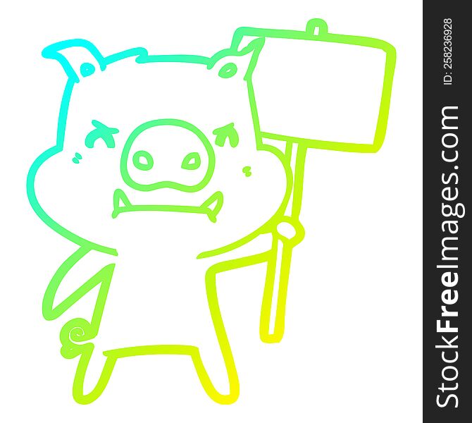 cold gradient line drawing of a angry cartoon pig protesting