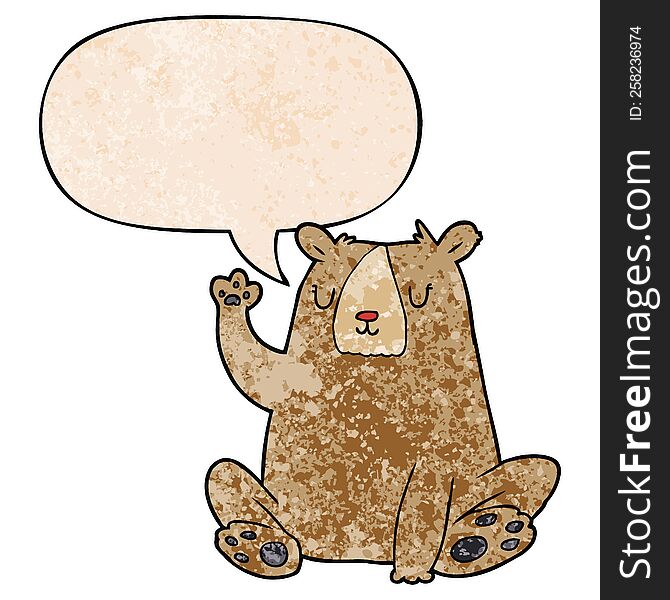 Cartoon Bear;waving And Speech Bubble In Retro Texture Style