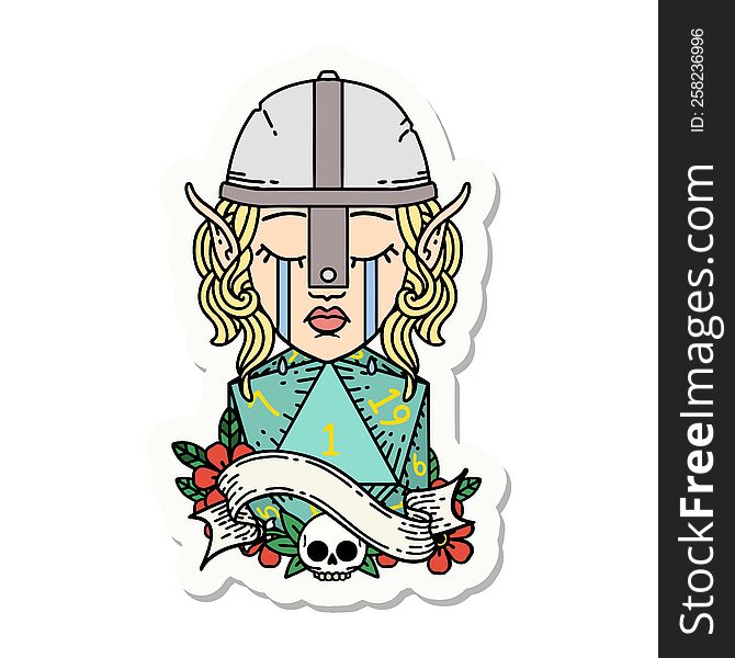sticker of a crying elf fighter character face with natural one D20 roll. sticker of a crying elf fighter character face with natural one D20 roll
