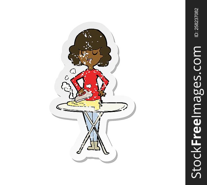 Retro Distressed Sticker Of A Cartoon Woman Ironing