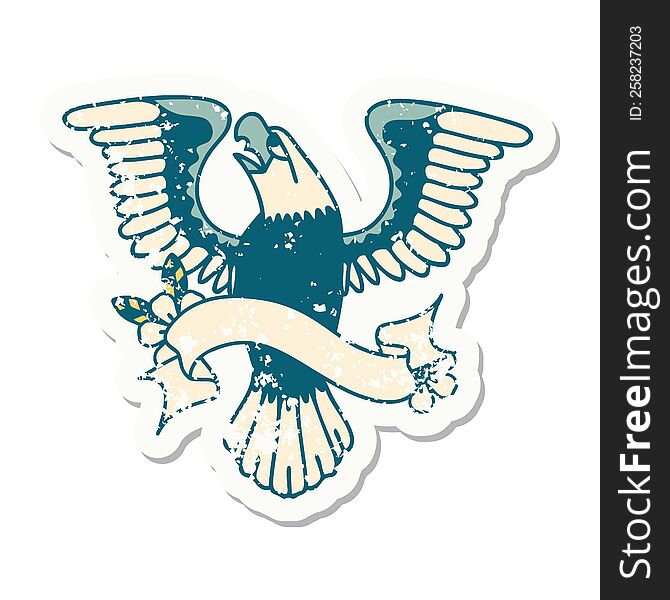 grunge sticker with banner of an american eagle