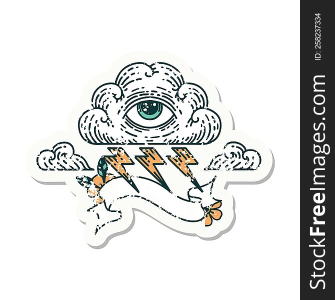 Grunge Sticker With Banner Of An All Seeing Eye Cloud