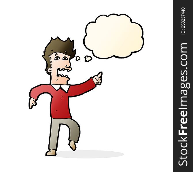 Cartoon Frightened Man Pointing With Thought Bubble