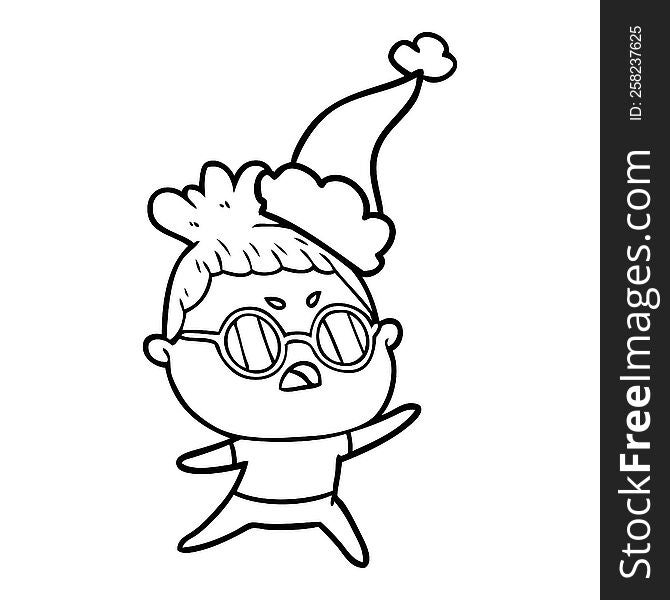 hand drawn line drawing of a annoyed woman wearing santa hat