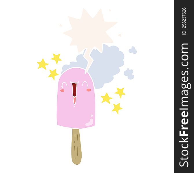 cute cartoon ice lolly with speech bubble in retro style