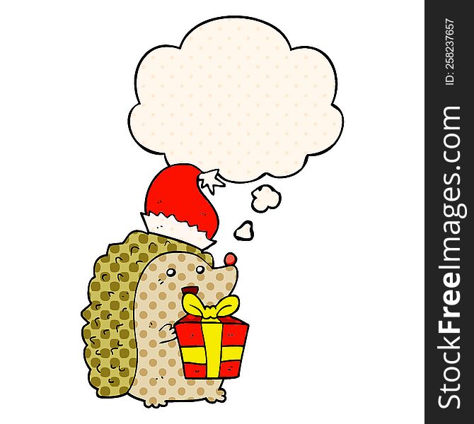 cartoon hedgehog wearing christmas hat with thought bubble in comic book style
