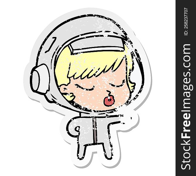 Distressed Sticker Of A Cartoon Pretty Astronaut Girl Pointing The Way