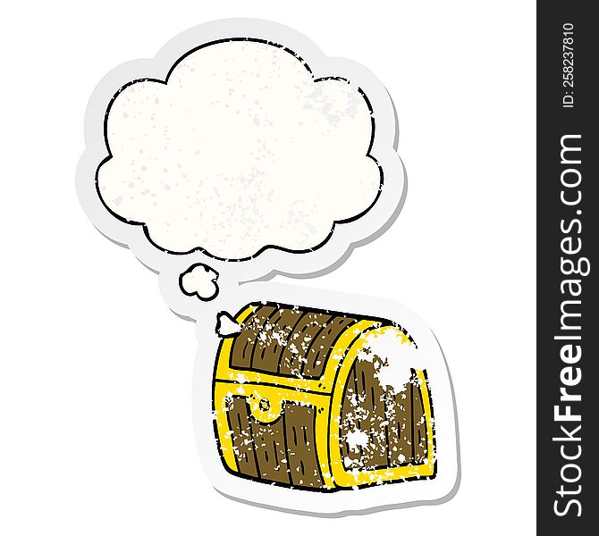 cartoon treasure chest with thought bubble as a distressed worn sticker